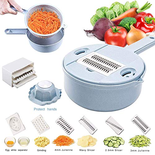 SYANG Mandoline de Cuisine Multifonctions Trancheuse 10 en 1 avec 4 Lames/Séparateur D'oeufs/Grattoir Grater/Crépine/Stockage Conteneur?Râpe à Fromage, Déchiqueteuse pour Oignon, Pomme de Terre