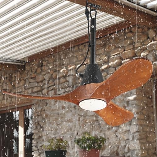 3 Blades Wood Outdoor Ceiling Fan with Light for Patios, Farmhouse Rustic Ceiling Fans with Lights...