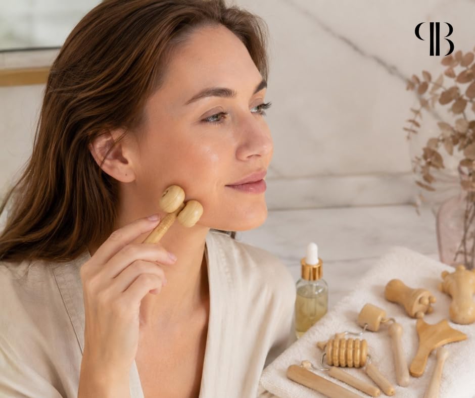 Set de 7 Piezas de Maderoterapia Facial en Madera de Haya Natural | Kit Masaje Facial con Mini Copa Sueca, Rodillo Contorno de Ojos, Tabla Facial y Herramientas de Drenaje | Rutina Facial y Bienestar