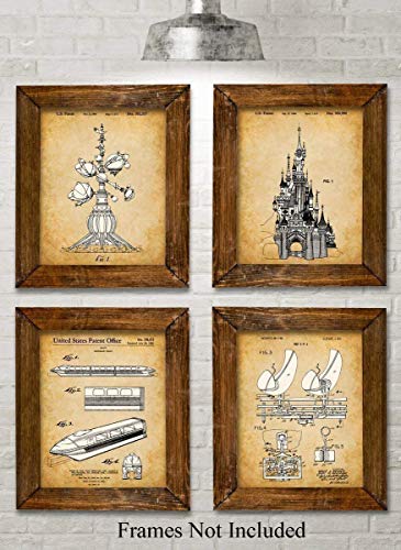 Original Disney Rides Patent Art Prints - Disney World Amusement Ride Art, Unique Home And Playroom Children Bedroom Decor, Classic Gift For Disney Fans, Set Of 4 Photos 8X10 Unframed Print Poster #TOP5