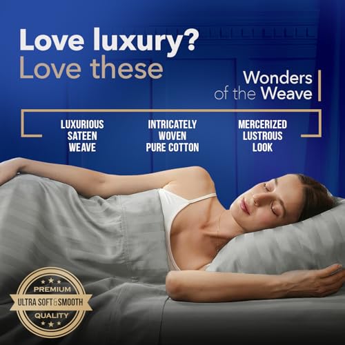 Image of TEXAS LINEN CO. 100% Egyptian Cotton Sheets Queen Size - Luxury 1000 Series Lonestar Lovin' Damask Bed Sheets Queen Size Set (4 PC, Silver Stripe), Cooling, 16 inch Deep Pocket, Sateen Weave Hotel Sheets
