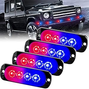 Sidaqi 4-LED Red&Blue Police Light,Surface Flash Mount Grille Emergency Strobe Lights Ultra Slim Warning Hazard Beacon Caution Flashing Light for Vehicles Van Waterproof 12-24V-4PCS