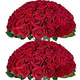 Cherica 50Pcs Red Roses Artificial Flowers with Stems，Fake Roses Bouquet Fake Flowers Bulk，Silk Velvet Roses for Wedding Centerpieces Arrangement Baby Shower Birthday Home Decor Gifts