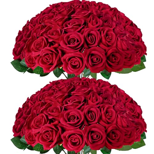 Cherica 50Pcs Red Roses Artificial Flowers with StemsFake Roses Bouquet Fake Flowers BulkSilk Velvet Roses for Wedding Centerpieces Arrangement Baby Shower Birthday Home Decor Gifts