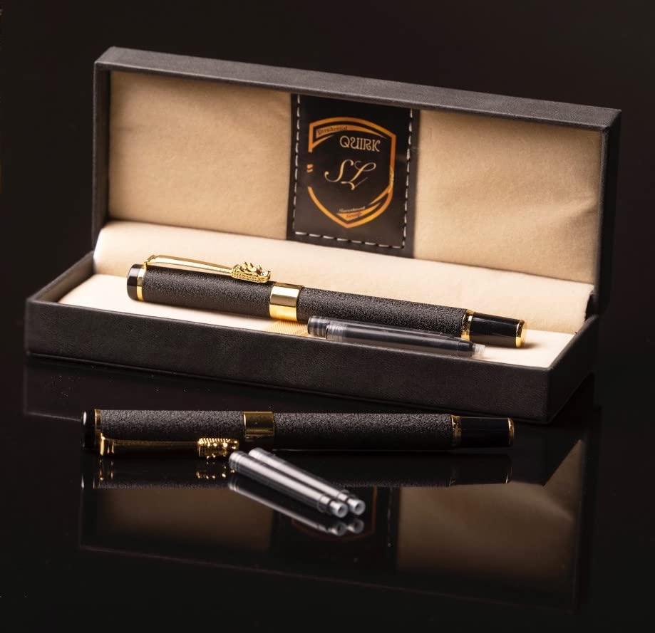 luxury-matte-black-Fountain-pen-set-medium-nib-with-Luxury-black-Leather-Gift-box-for-Men-and-Women-gold-color-with-2-spare-cartridges-black