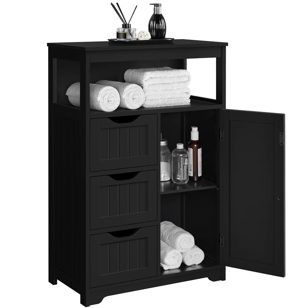 Yaheetech Badezimmerschrank, Unterschränke Beistellschrank, Badschrank mit 3 Schubladen und 1 Tür, verstellbare Regalebene, Wohnzimmer/Küche/Flur, Schwarz