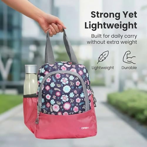Image of ORBY Lunch Bag Flower Leaf Pink| Water-Repellent Durable Fabric | Tiffin Bag with Bottle Holder & Front Pocket | Strong Zipper & Spacious Meal Storage (Floral Leaf Pattern, Pink)