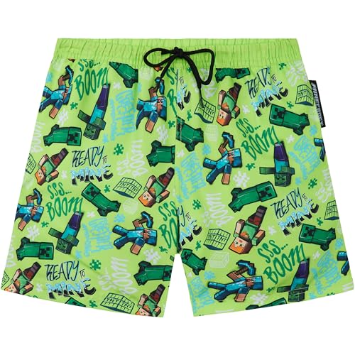 Get Trend Pokemon Minecraft Fortnite Calções de banho para crianças, calções de banho, UPF 50, secagem rápida, forro de malha, bolsos e cintura ajustável, Minecraft verde, 9-10 anos