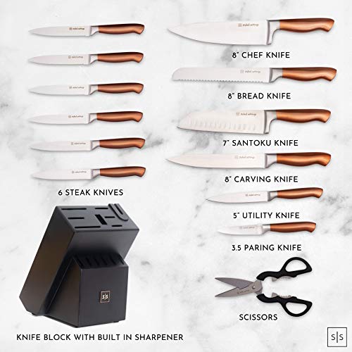 Copper Knife Set With Block - 14 Pc Self Sharpening Knife Block Set - Rose Gold Knife Set & Black Knife Block With Sharpener - Rose Gold Kitchen Accessories, Copper Kitchen Accessories And Decor #TOP4