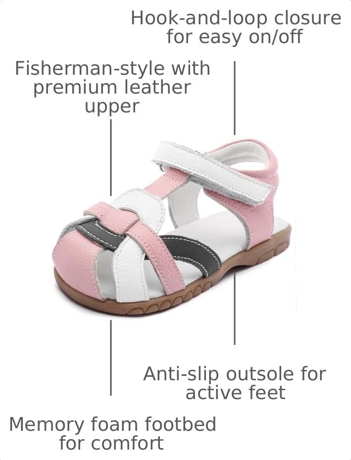 Image of Femizee Toddler Girls Leather Dress Sandals with Adjustable Strap | Toddler /Little Kids, Leather upper, Cushioned footbed, Hook-and-loop, Flexible Sole, Dressy summer occasions, Princess-style