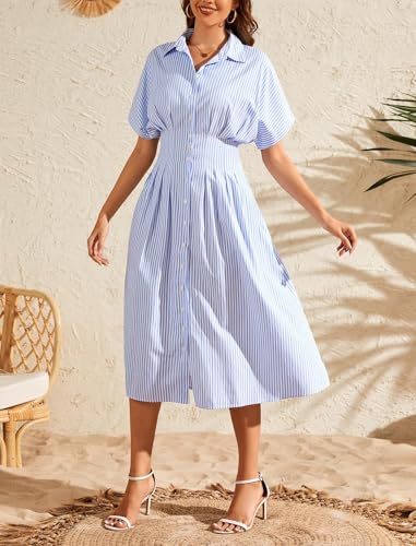 Ladyful Striped Maxi Dress for Women Button Down Shirt Dress Short Sleeve Casual Summer Formal Midi Shirtdress3