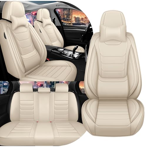 Image of Car Seat Cover Full Set for Toyota Camry Hybrid Seat Covers 2007-2024, Nappa Leather Waterproof Seat Covers For Cars, Airbag Compatible, Universal Automotive Seat Covers(Luxury Full Set /Beige)