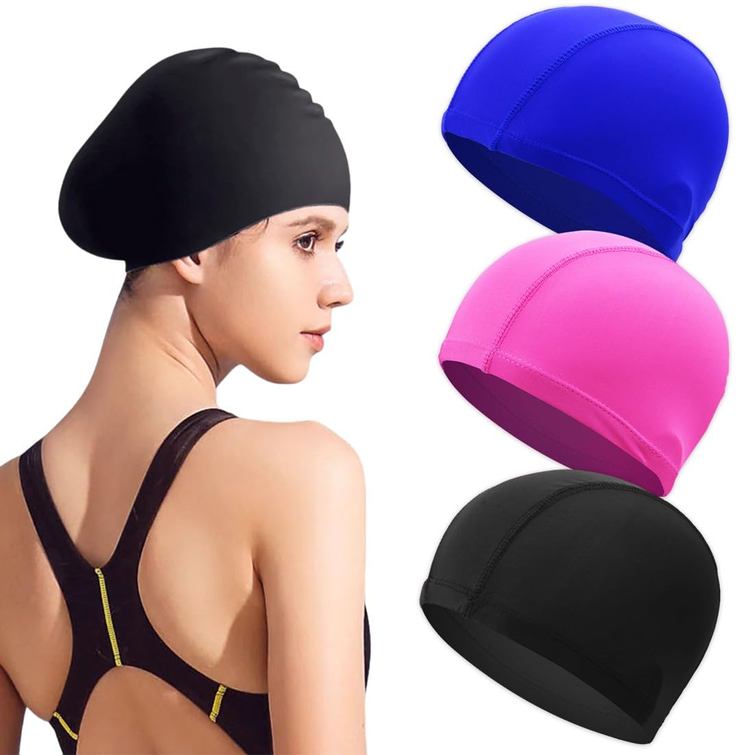 SIOPPKIK 3 Piezas Gorros de Natación Elásticos Sombrero de Natación de Tela Cómoda Gorros de Baño Unisex Gorros Antideslizantes para Piscinas