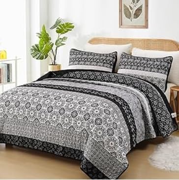 WONGS BEDDING Boho Quilt Set Full Size,Black Bohemian Striped Patchwork Bedspread Set,3 Pieces Microfiber Bedding Set for All Seasons (78"x90")