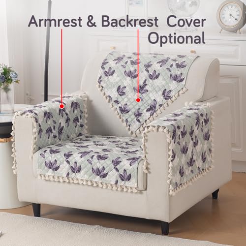 Image of HOKIPO Lavender Vine Quilted Sofa Cover Mat with Tassels for 1 Seater 'Tassel Twigs' Series (IN-982-T1)
