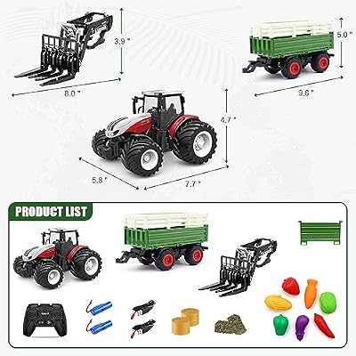 fisca Remote Control Tractor Toy RC Farm Set with Trailer Front Forklift, 1/24 Scale 2.4Ghz Electronic Farm Truck Vehicle Toy with Light for Kids Age 6, 7, 8, 9 and Up Years Old