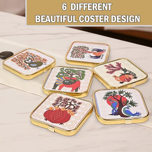 Image of Rousrie Stylist Modern Wooden Coasters with Golden Border | Set of 6 | Stand Included Premium Handmade Coaster for Tea Cups, Coffee Mugs, Beer Mugs, 10 by 10 cm (Warli Pattern)