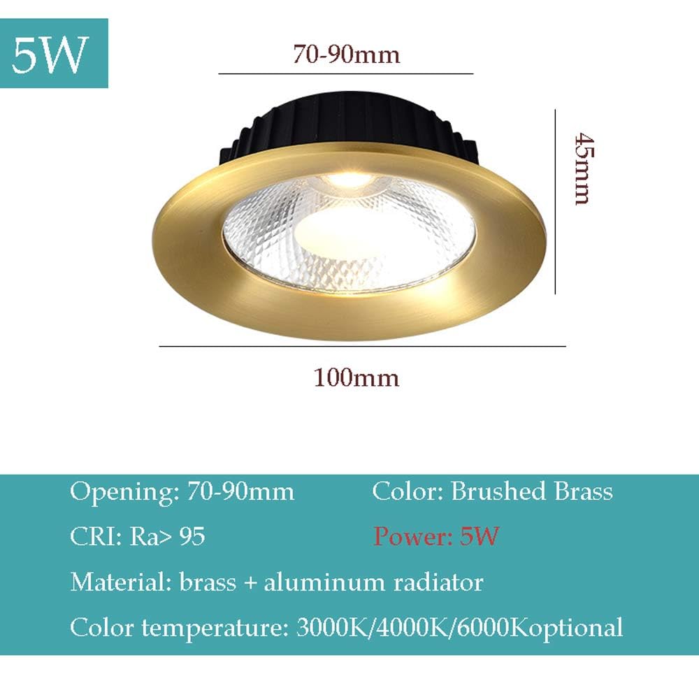 Spots encastrés LED Modernes et épurés 5W, 7W, 9W, 12W, avec déflecteur en Laiton doré, Forme Ronde COB, température de Couleur 3000K/4000K/6000K, pour Applications COM,B5w-6000K