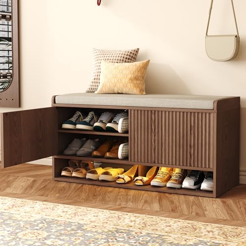 HOMEFORT 39.4″ Fluted Shoe Storage Bench, Entryway Bench with Linen Seat Cushion, Shoe Cabinet Bench with Adjustable Shelf and Built-in LED Sensor Light, Bench for Bedroom End of Bed,Walnut
