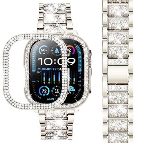 Image of SUPOIX for Apple Watch Band 49mm + Case, Bling Bands for Women (Champagne) | Shiny Metal Bands & 2 Pack Protective Cover Cases for iWatch Ultra 49mm