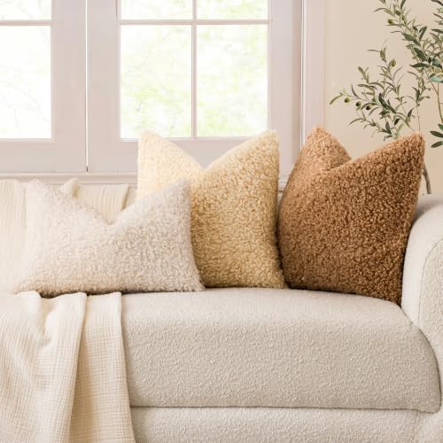 Image of Foindtower Set of 2 18x18 Inch Light Yellow,Faux Fur Throw Pillow Cover Accent Sherpa Furry Pillow Covers Fuzzy Soft Pillowcases Cozy Sheepskin Decorative Fleece Cushion Case for Bed Couch Living Room