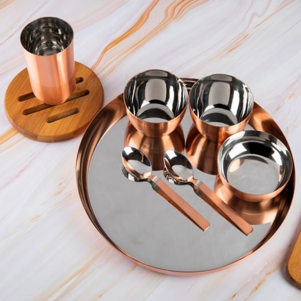 Ramson Stainless Steel Copper Maharaja Thali 7 pc Set|1 Plate, 1 Vati ...