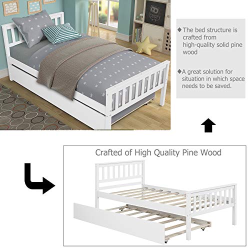Twin Bed with Trundle Wood Platform Bed Frame with Headboard and Footboard Captains Bed for Bedroom Small Living Space, Wood Slat Support No Box Spring Needed