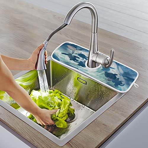 wamika sea turtle faucet water catcher mat 2 pack blue watercolor tortoise drying mat absorbent bathroom faucet handle drip catcher tray bar rv kitchen sink splash guard 14x5 inches