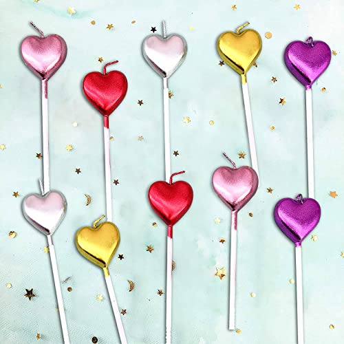 10 Cute Heart Shaped Birthday Candles Cake CandleToppers for Party Wedding (Heart -10 Multi-Colored)