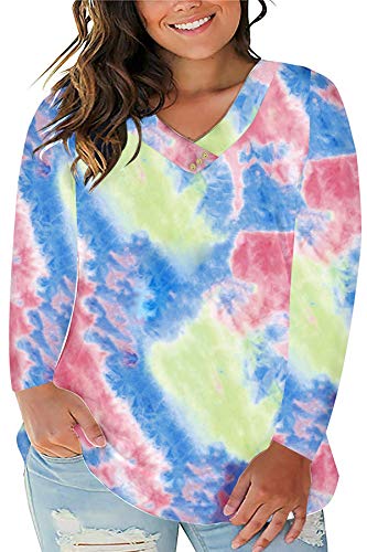 IMIDO Womens Tops Plus Size Tie-Dye V Neck Tee Shirts Long Sleeve Casual Soft Blouses with Buttons(T04, 2XL)