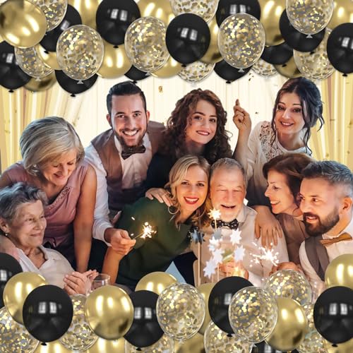Image of Black and Gold Balloons, 60PCS 12 Inch Gold and Black Confetti Balloons, Gold Latex Balloons for Birthday New Year Wedding Graduation