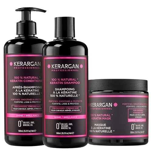 Kerargan - Trio Ultra Riparatore Shampoo, Balsamo & Maschera alla Cheratina per Capelli Danneggiati e Stressati - Nutre, Liscia & Rinforza - Senza Solfati, OGM, Silicone - 3x500 ml