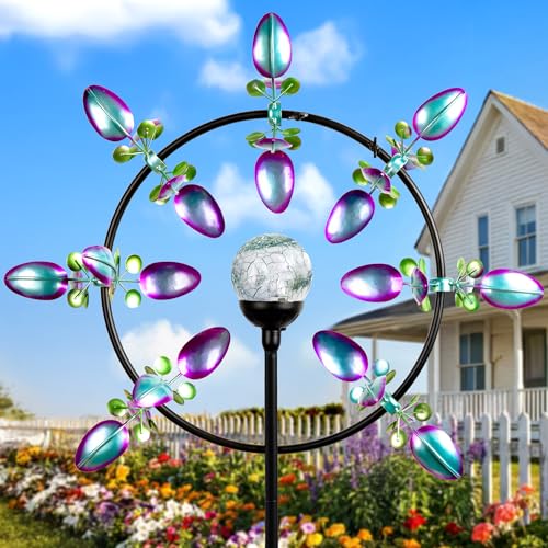 Image of Large Peacock Solar Wind Spinner Outdoor - Metal Kinetic Sculptures with Color-Changing Glass Ball, Dual Direction Spinning Garden Art Decor, Waterproof Lighted Windmills for Patio, Yard, Lawn