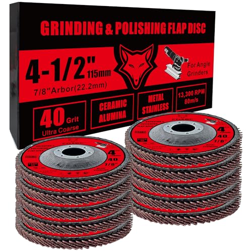 FOXBC 4 1/2 inch Ceramic Flap Disc for Angle Grinder, 40 Grit, Type 29, Grinding and Polishing for Metal, 10 Pack