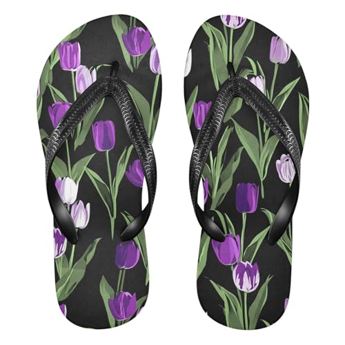 Sinestour Purple Flower Black Flip Flops for Beach Thong Sandals Anti-slip Lightweight Flat Slippers for Summer Travel Swim