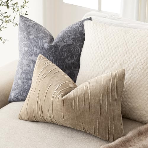 Image of Foindtower Pack of 2 Slubby Textured Chenille Throw Decorative Pillow Covers Lumbar Accent Solid Cushion Cover Neutral Faemhouse Pillow Case for Couch Sofa Bedroom Living Room 12x20 Inch,Khaki Camel