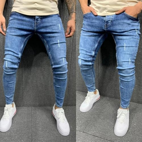 Jeans Pants Trouser Denim Ripped and Worn Out Trendy Street Wash Blue Stretch Tight Fitting for Men4