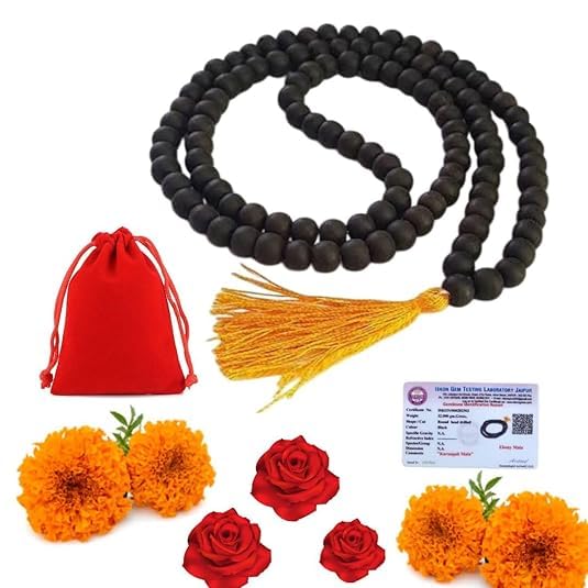 Karungali Mala - 8MM Beads | Natural Unpolished Pathala Sembu Murugan Karungali Mala (Necklace) |108 Beads Ebony Wood | Black Orginal Karungali for Meditation | Certificate Along with Mala