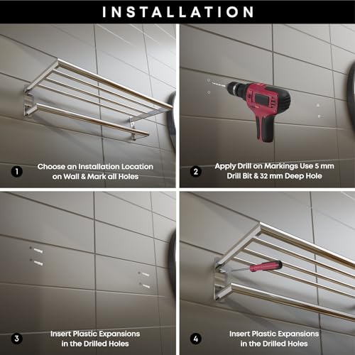 Image of USF 24 Inch Bathroom Towel Rack, 304 Stainless Steel Towel Hanger for Wash Basin Area, Wall Mounted Towel Holder for Bathroom,Chrome Finish, Durable Bathroom Rack