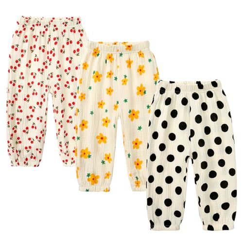 Image of Kids Tales 3 Pack Boys Girls Cotton Linen Pants Child Basic Plain Solid Trousers Big Kids Elastic Waist Long Pants Bloomers