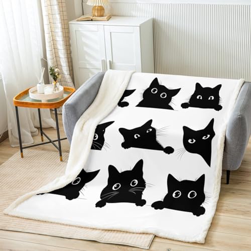 Image of Feelyou Black Cat Blanket for Kids Toddler Cute Pet Cats Pattern Fleece Throw Blanket Lovely Kitten Plush Blankets and Throws Super Soft Cozy Animal Sherpa Blanket for Couch Bed Sofa 50 inchx60 inch White