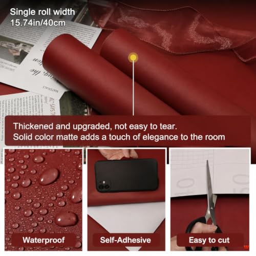 Image of WISDOM Garnet Red Self-Adhesive Wallpaper Matte Waterproof Peel and Stick Vinyl Sticker for Kitchen Cabinets, Wardrobes, Tables, Shelves & Home Decor (20X48 in)