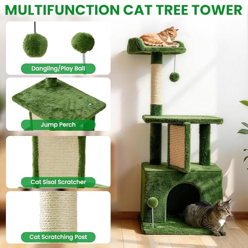 Image of 32.8inch Small Cat Tree Tower Condo for Indoor Cats, Soft Plush Multi-Level Climbing Tree Cat House with Cat Cave, Scratching Post, Sisal Rope, Green