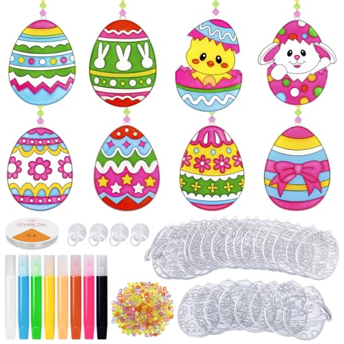 Oeufs de Paques Decoration pour Enfants, 24 œufs Lapins Poulets Kit de Bricolage de Pâques à Suspendre, Activités de Pâques a Peindre, Attrape-soleil...