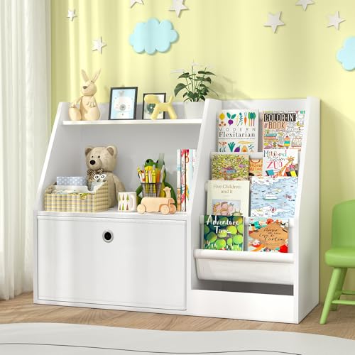 TOETOL Kids Bookshelf,Book Storage Organizer,4 Sling Toddler Wooden Book Shelf,2-Tier Kids Bookcase for Bedroom,Livingroom,Playroom,Nursery-White