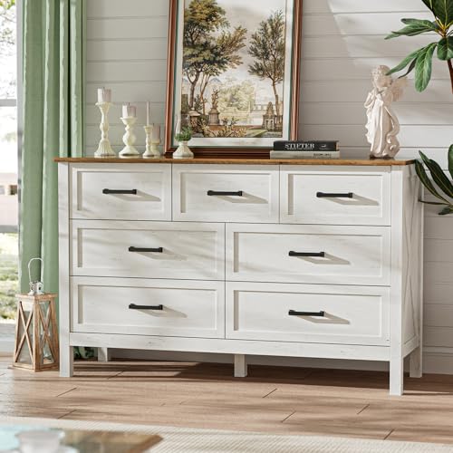 LYNSOM-Farmhouse-7-Drawers-Dresser-for-Bedroom-Wood-Rustic-Wide-Chest-of-Drawers-with-Deep-Drawers-Metal-Handle-Storage-Dressers-Organizer-for-Entryway-Hallway-Antique-White LYNSOM Farmhouse 7 Drawers Dresser for Bedroom Wood Rustic Wide Chest of Drawers with Deep Drawers Metal Handle Storage Dressers Organizer for Entryway Hallway Antique White