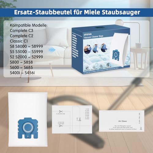 12 Stück Staubsaugerbeutel Pure GN Kompatibel mit Miele 3D GN Staubbeutel Classic C1 Complete C2 C3, S2 S5 S8 S600 S800 Staubsauger mit 4 Motor 4 Abluft Filter 9917730 12281680 12421130