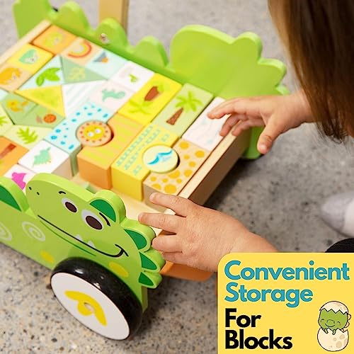 Pidoko Kids Wooden Baby Walker | Gift for 1 Year Old Boy Girl | Includes Dinosaur Push Walker, 36 Pcs Wooden Toddler Blocks, Stacking Cups and Board Book - Thumbnail 4