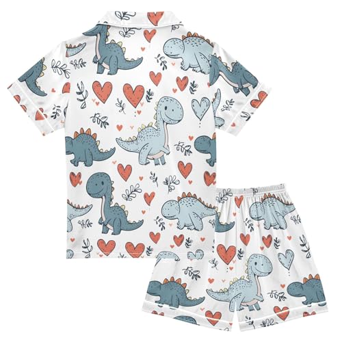 ALAZA Cute Dinosaur Love Satin Pajamas Set Short Sleeve Button Down Sleepwear Summer Pjs 2 Piece2