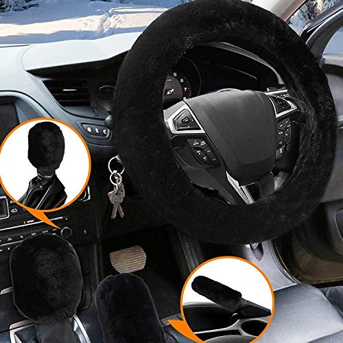 Big Ant Steering Wheel Cover, 38cm Fluffy Car Steering Wheel Cover Set, Wool Handbrake Cover & Gear Shift Cover Anti-Slip Winter Warm Steering Wheel Protector Cover Universal for Car SUV Vans Truck